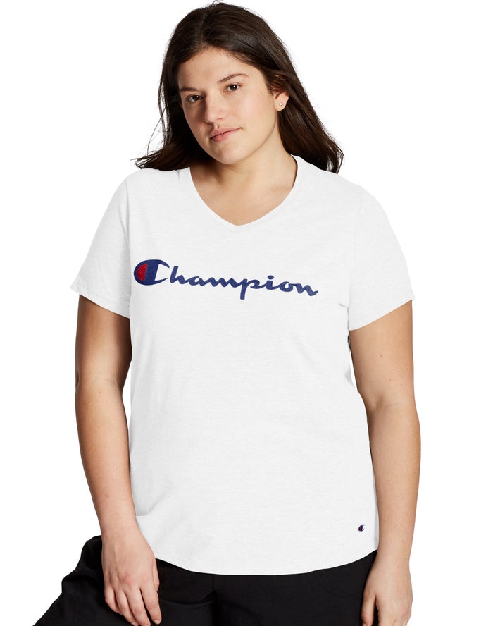 Champion Womens T-Shirt NZ - Plus Jersey V-Neck Script Logo White ( 7438-QOFXR )